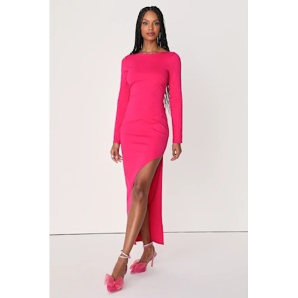 Lulus Solid Long Sleeve Maxi Dress Magenta Barbiecore Side Slit Size M